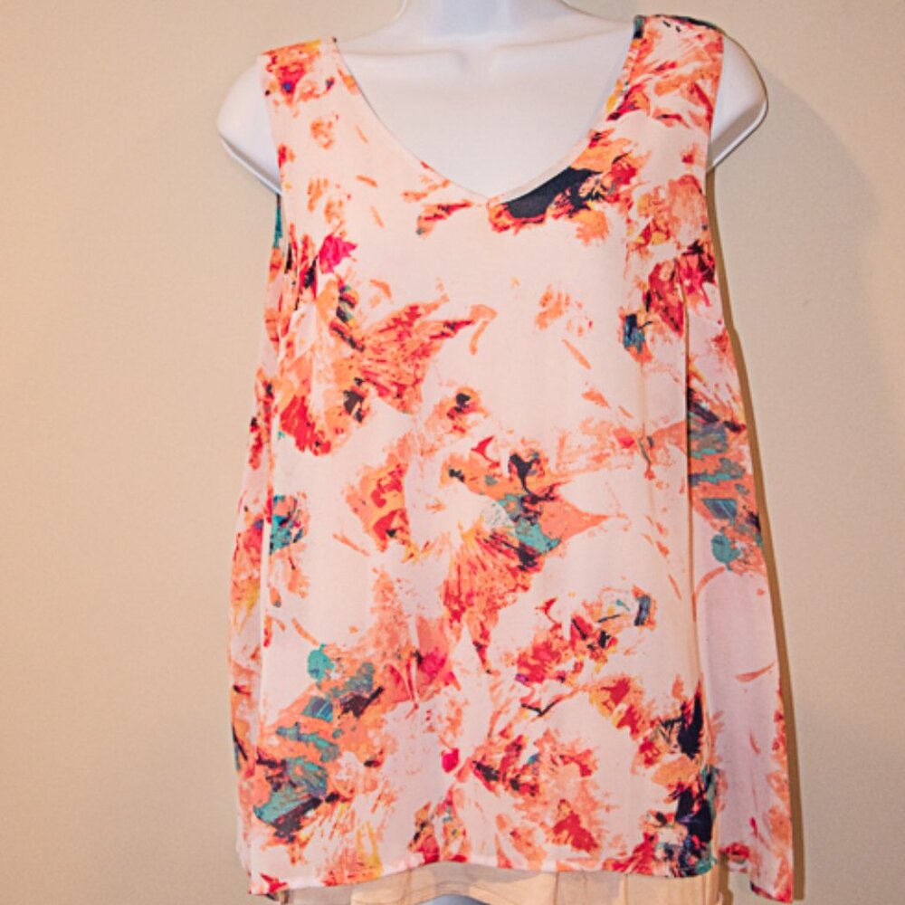 AVA & VIV layered Tank Top Sheer Floral Pink over Tan Size X
